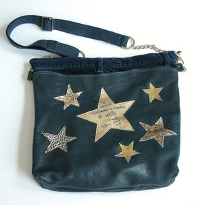 Italian Blue Leather Satchel Bag FIRENZE Gold Star Florence Handmade Come Sopra